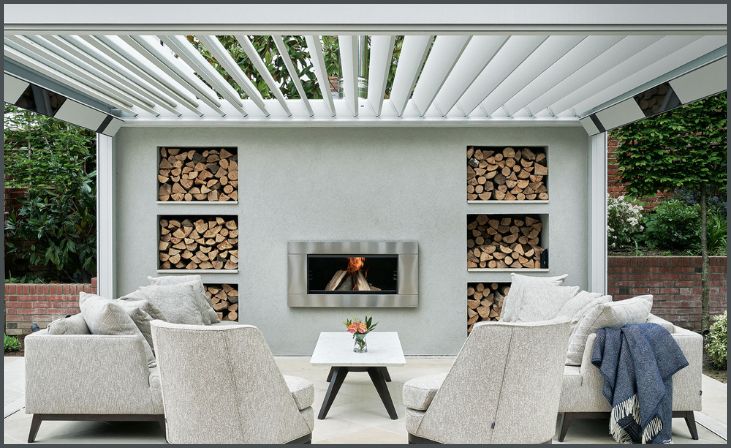 Contemporary Pergola with Outdoor Fireplace